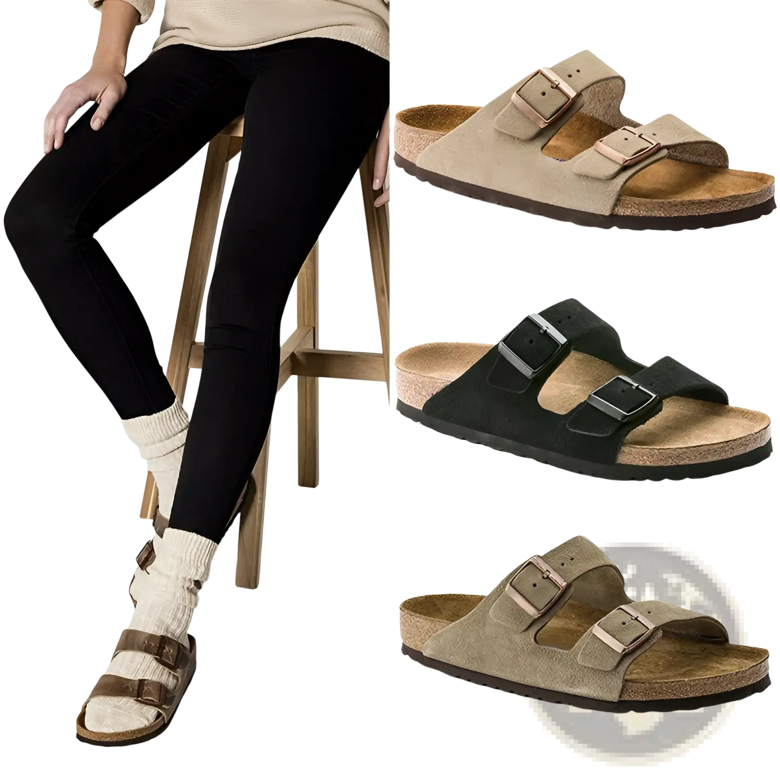 Beige suede birkenstock arizona sandals with two adjustable buckles and a cork footbed for comfortable wear