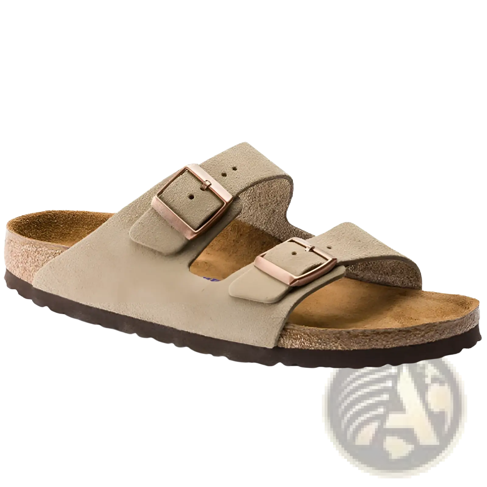Beige suede birkenstock arizona sandals with rose gold-tone adjustable buckles and cork footbed for comfort