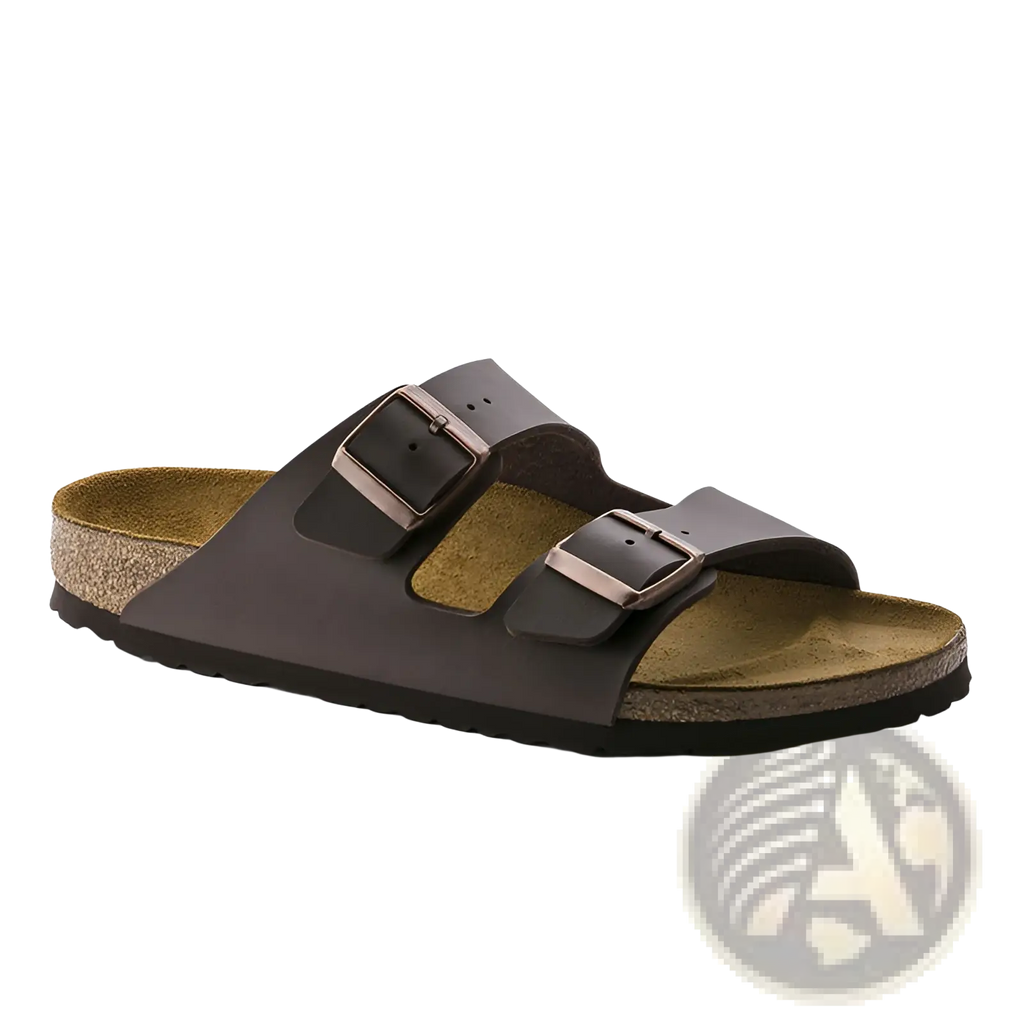 Dark brown leather birkiburs sandals with two adjustable metallic buckles and suede cork footbed for comfort
