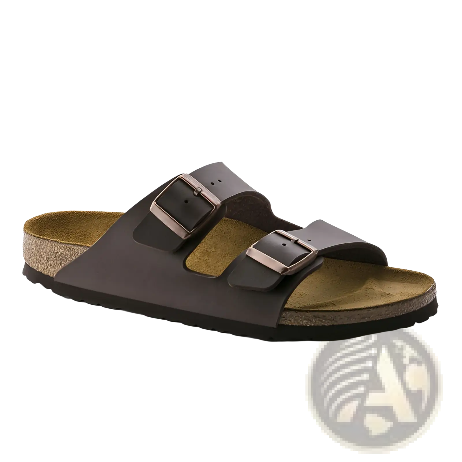 Dark brown leather birkiburs sandals with two adjustable metallic buckles and suede cork footbed for comfort