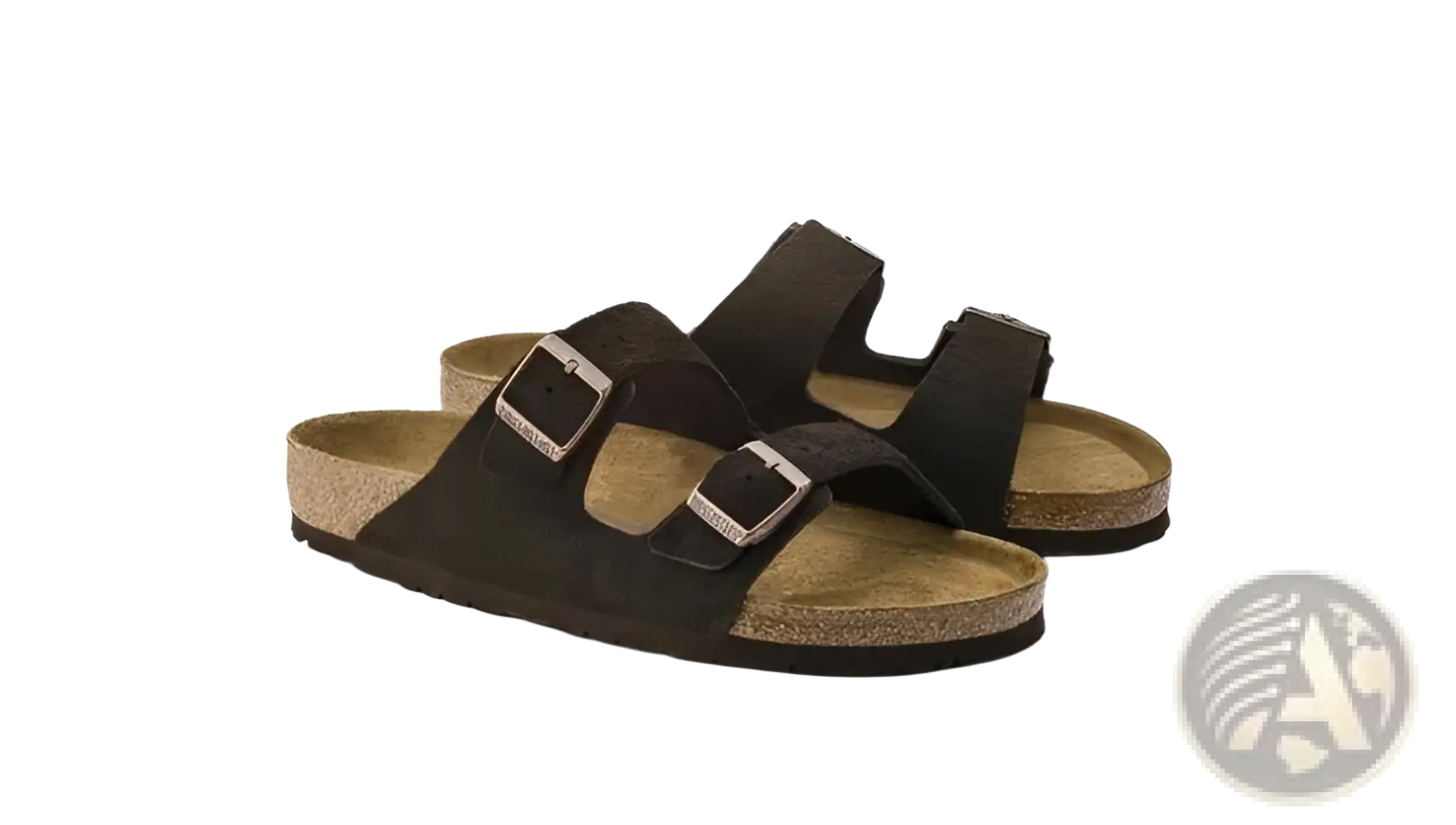 Mocha-colored suede cork footbed sandals with two silver-toned adjustable buckle straps for comfort and style