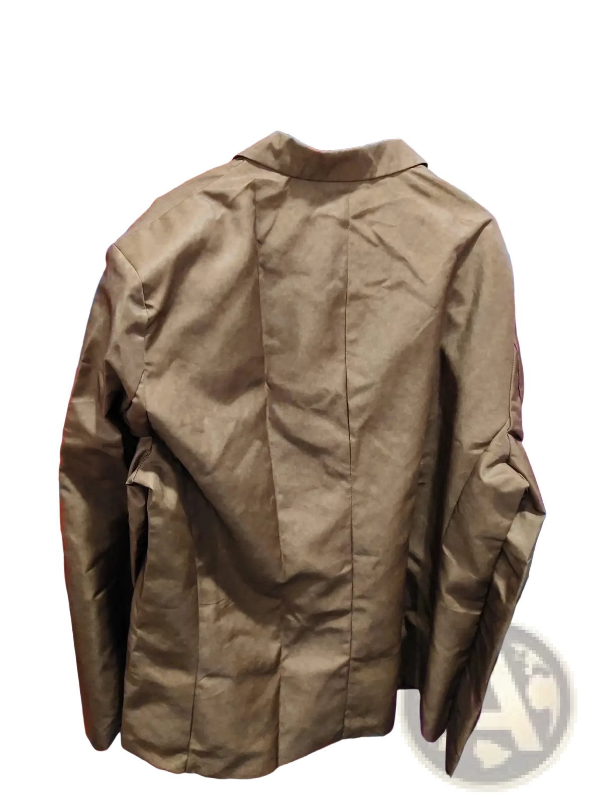 Brown suede double button blazer jacket with classic collar and straight back design shown from the back side