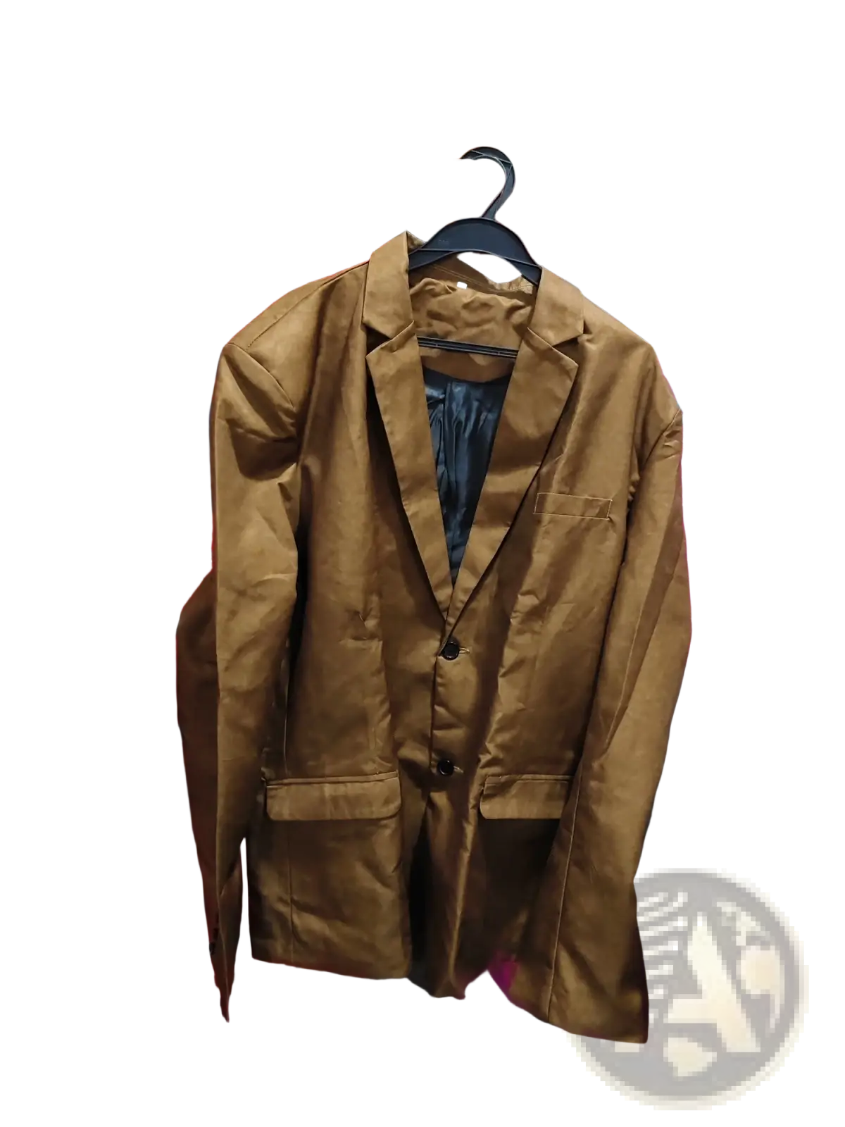 A brown suede double button blazer jacket with a sleek tailored fit and three black buttons hanging on a hanger