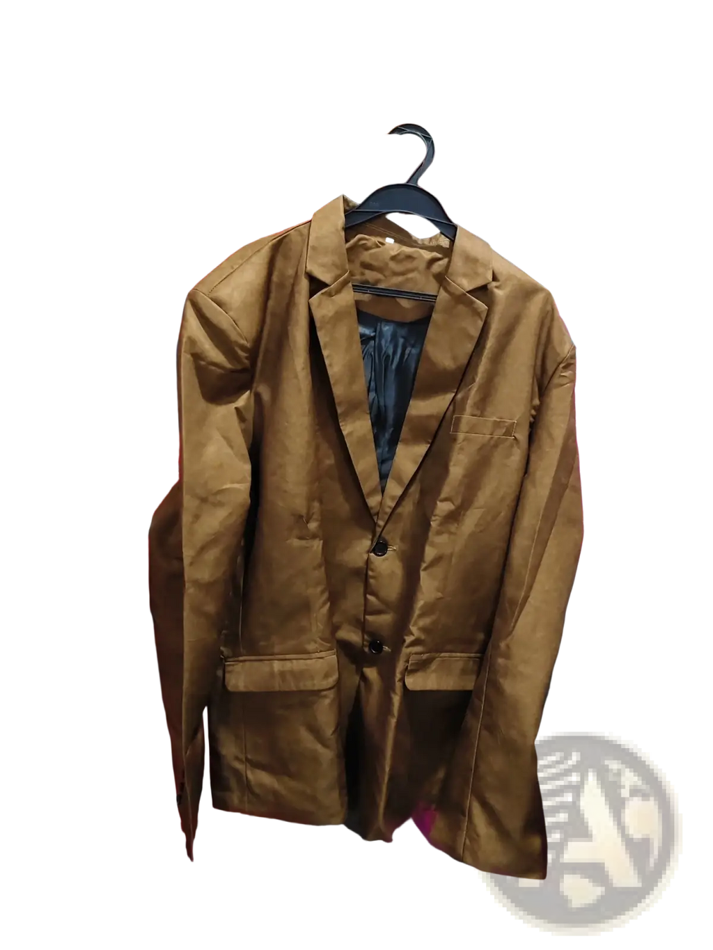 A brown suede double button blazer jacket with a sleek tailored fit and three black buttons hanging on a hanger