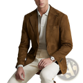 Brown suede double button blazer jacket with classic fit and subtle texture for formal or casual wear