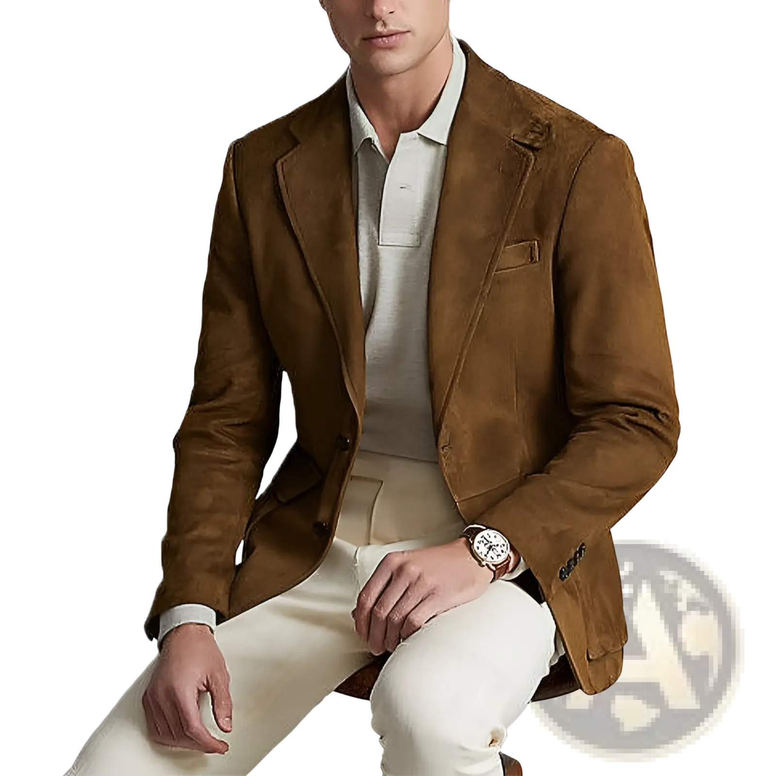 Brown suede double button blazer jacket with classic fit and subtle texture for formal or casual wear