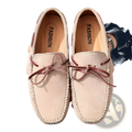 Beige suede driving loafers casual moccasin shoes with brown leather laces tied in bows