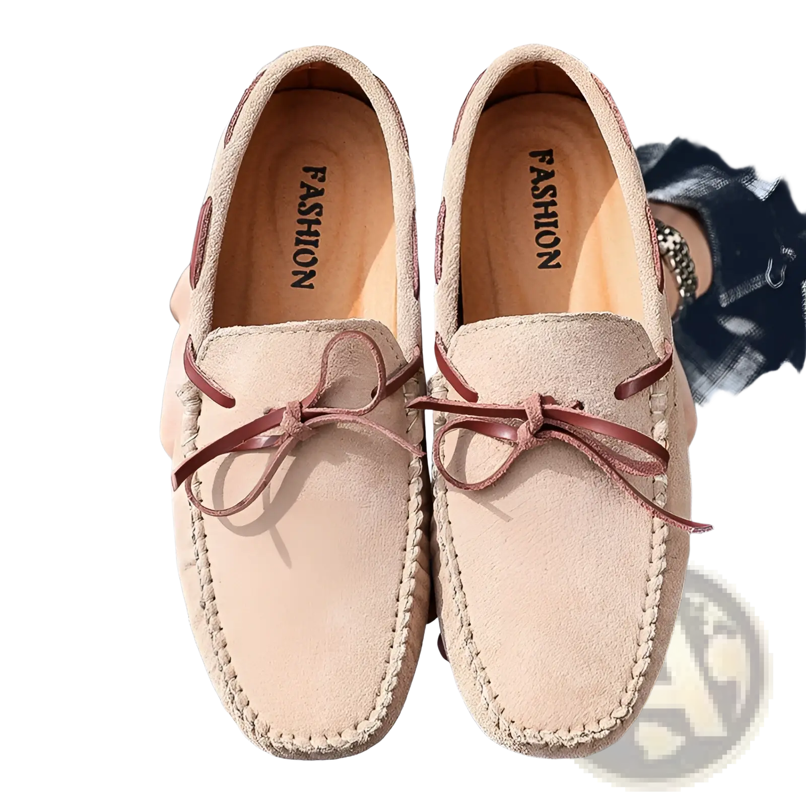 Beige suede driving loafers casual moccasin shoes with brown leather laces tied in bows