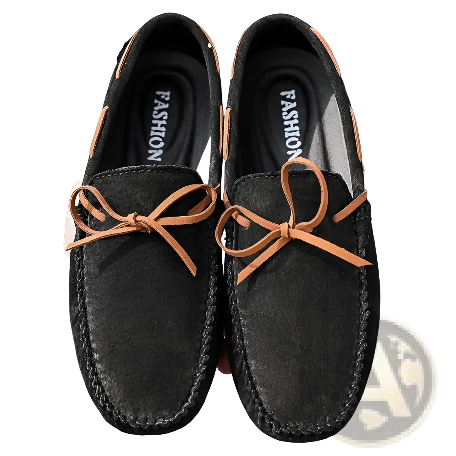 Black suede driving loafers with tan leather bows and stitched detailing for casual wear