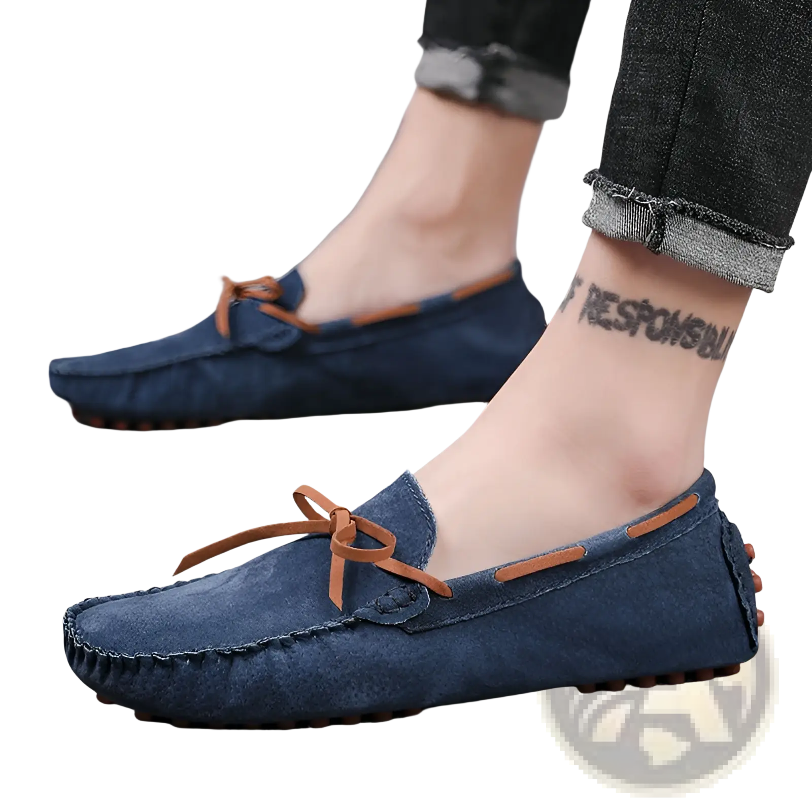 Navy blue suede driving loafers with tan leather laces and stitching casual moccasin shoes