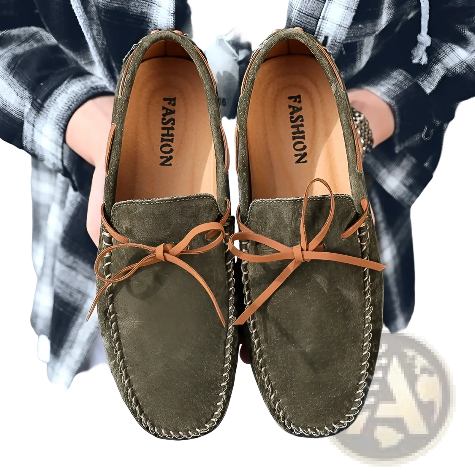 Olive green suede driving loafers with tan leather laces and stitched detailing for casual wear