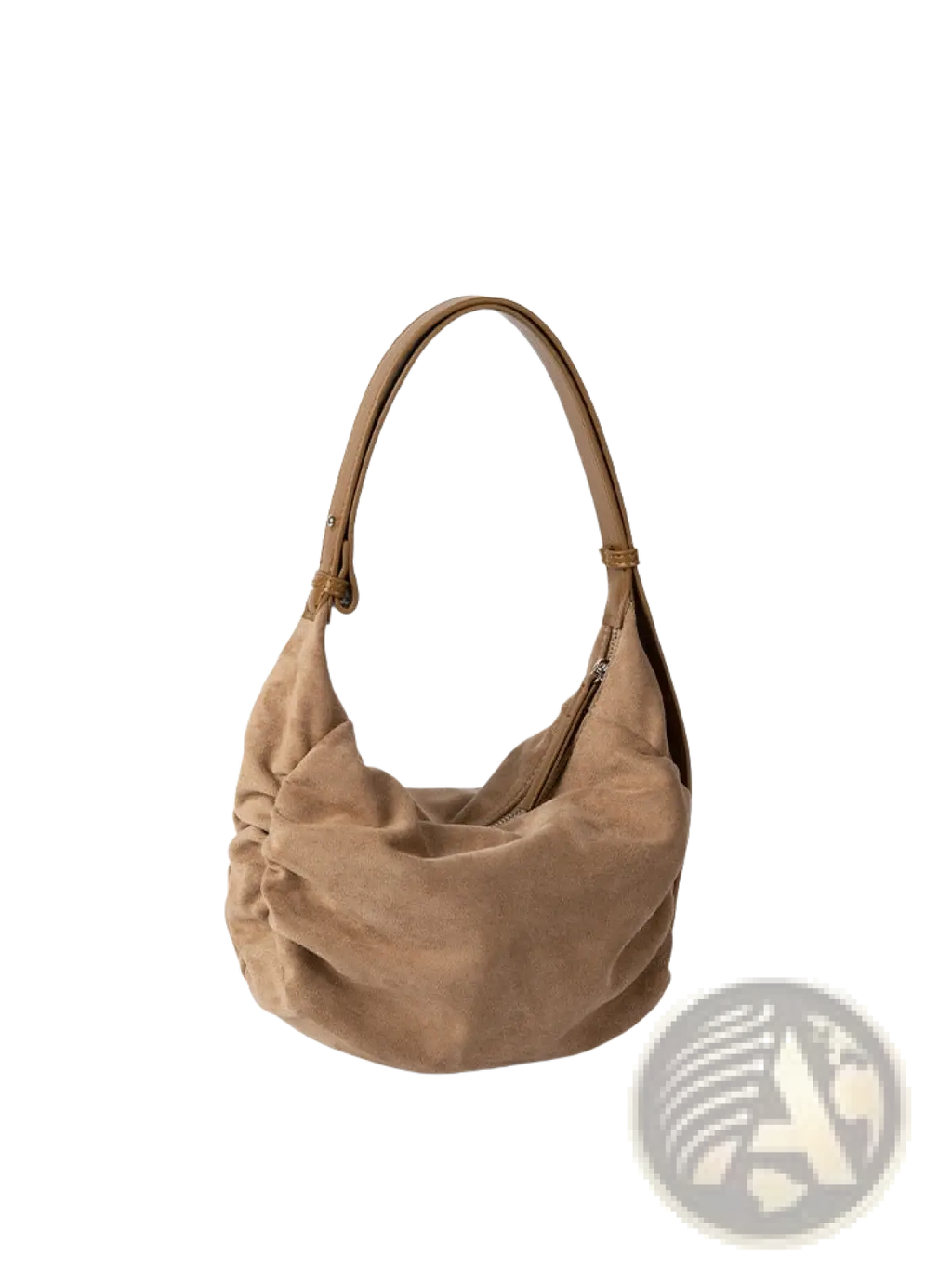Tan suede dumpling shoulder bag with soft slouchy silhouette and matching leather handles for crossbody and hobo use