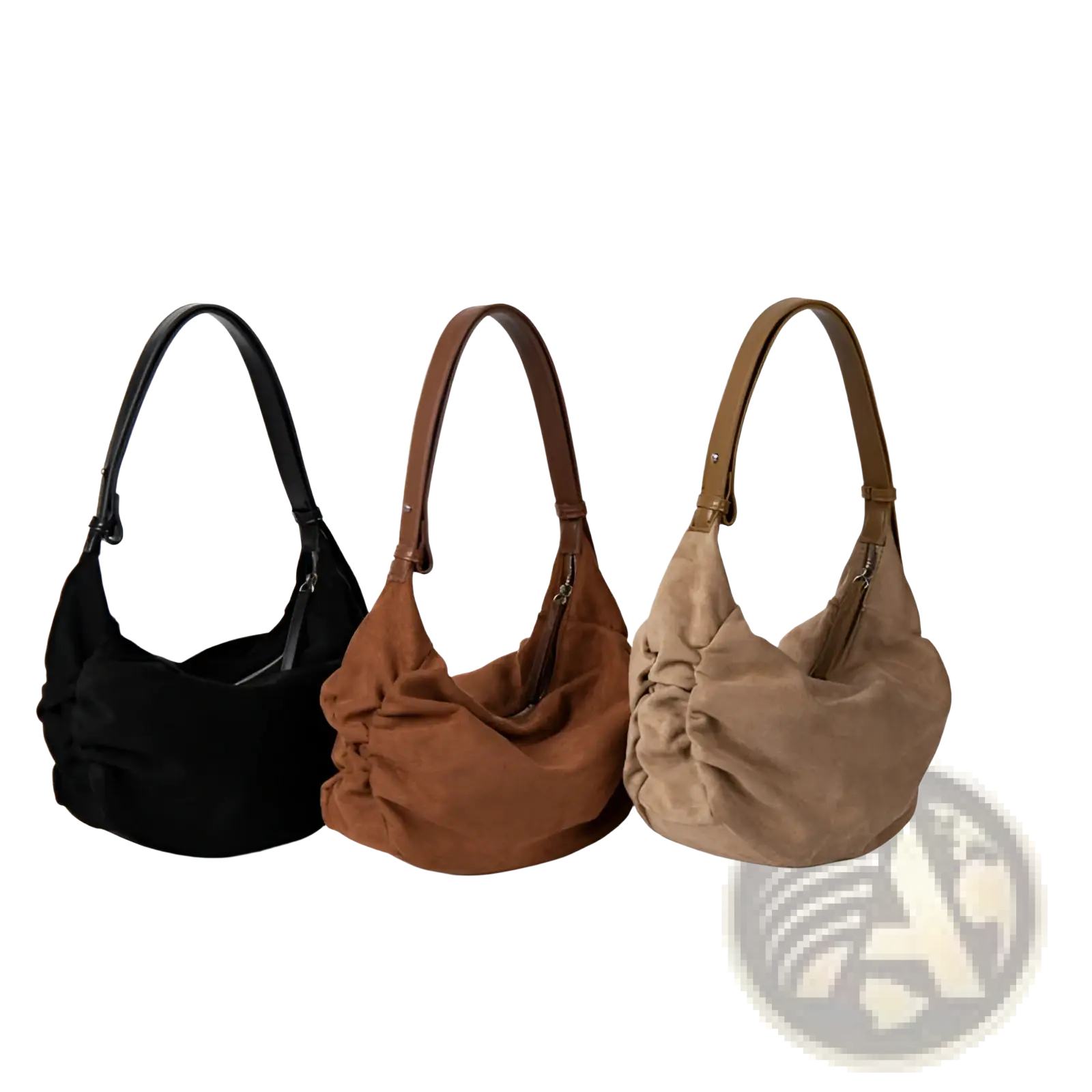 Three suede dumpling shoulder bags in black brown and tan with matching leather straps for slouchy crossbody use