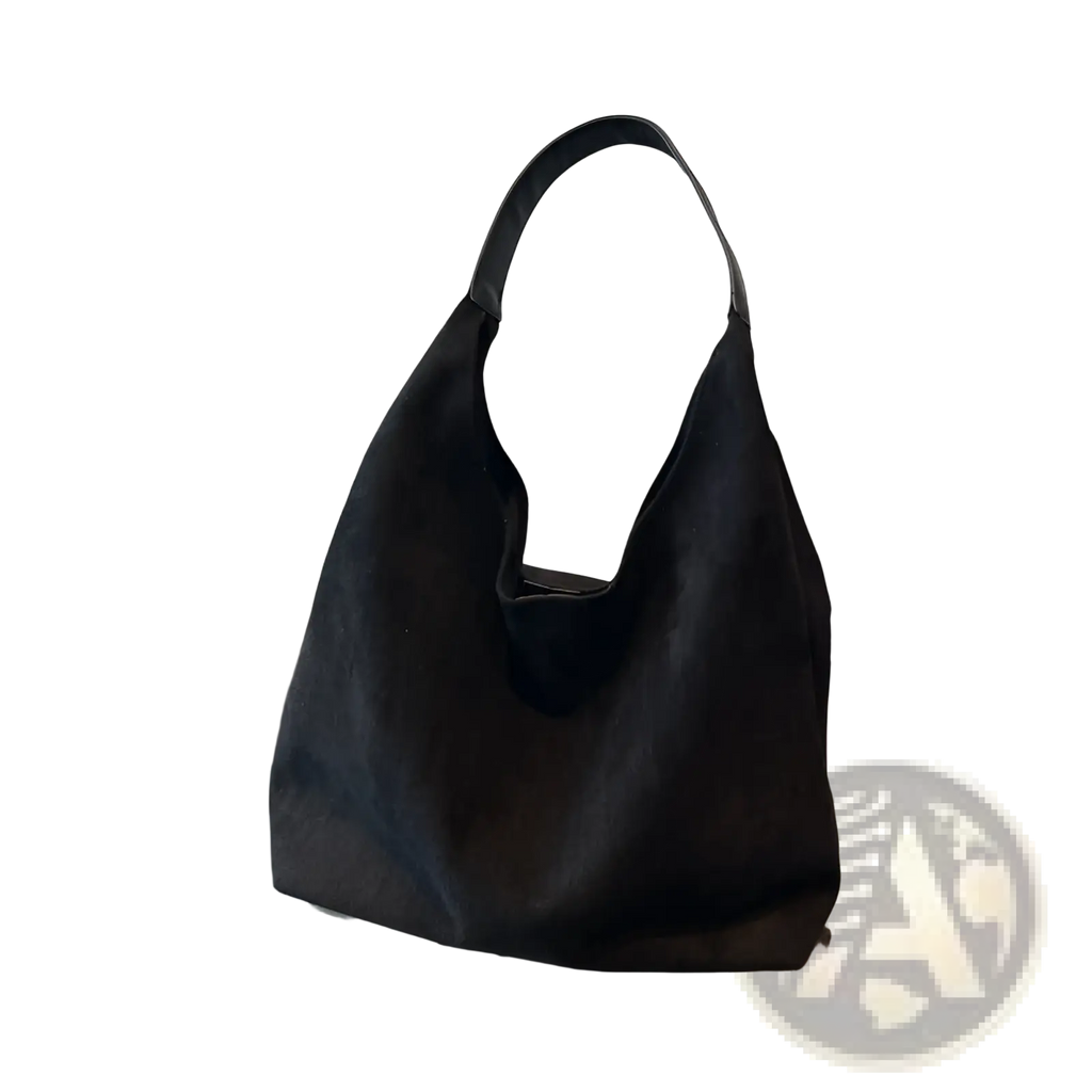 Black suede hobo tote bag with soft slouchy silhouette smooth leather handles and matching pouch for women