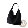 Black suede hobo tote bag with soft slouchy silhouette smooth leather handles and matching pouch for women