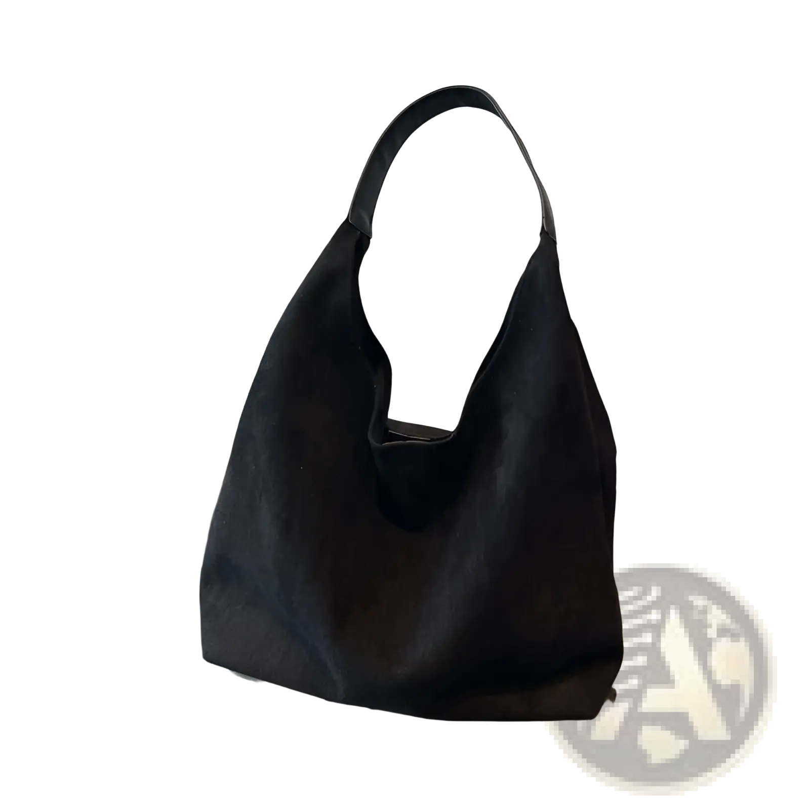 Black suede hobo tote bag with soft slouchy silhouette smooth leather handles and matching pouch for women