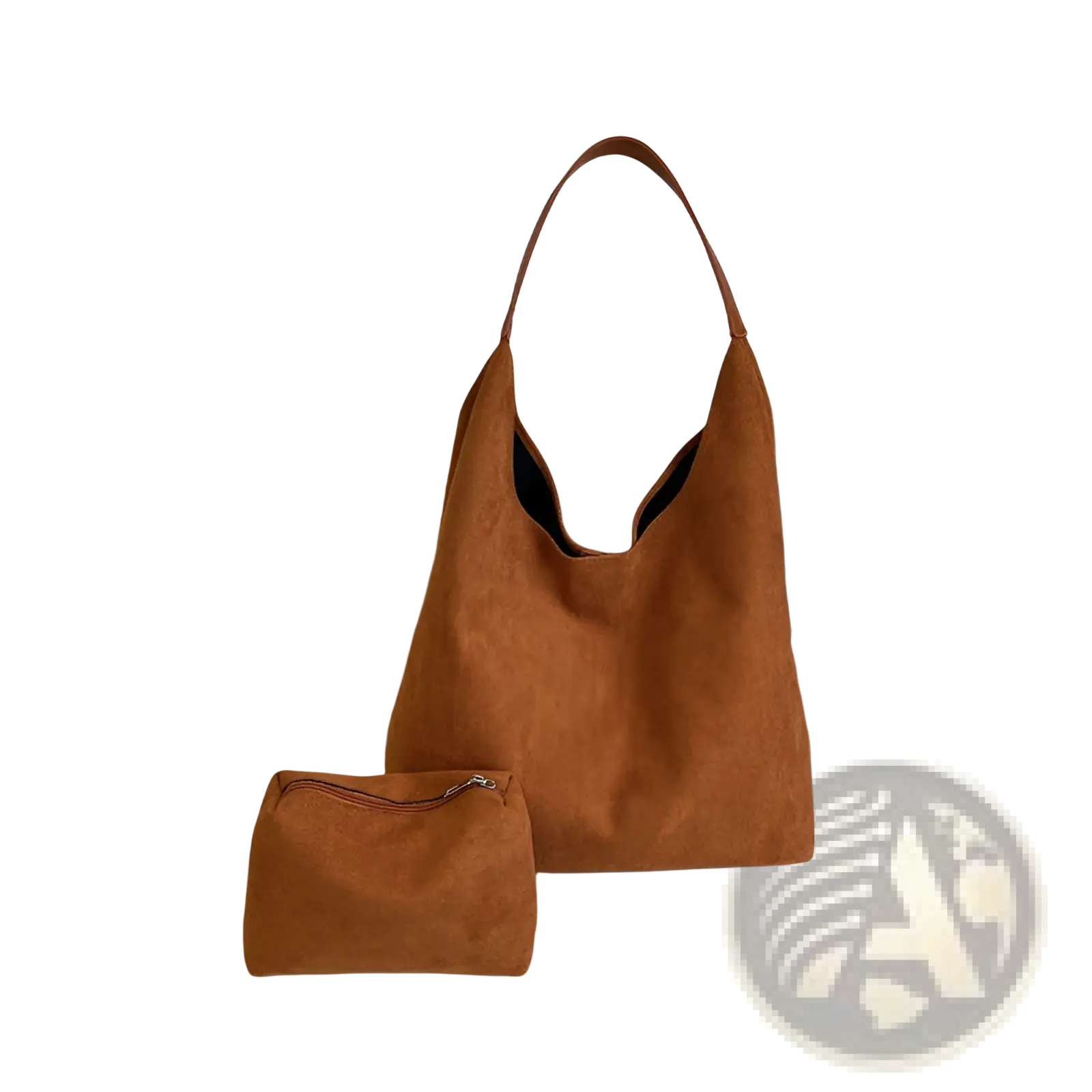 Suede hobo tote bag with matching pouch in tan featuring simple zipper closures for women