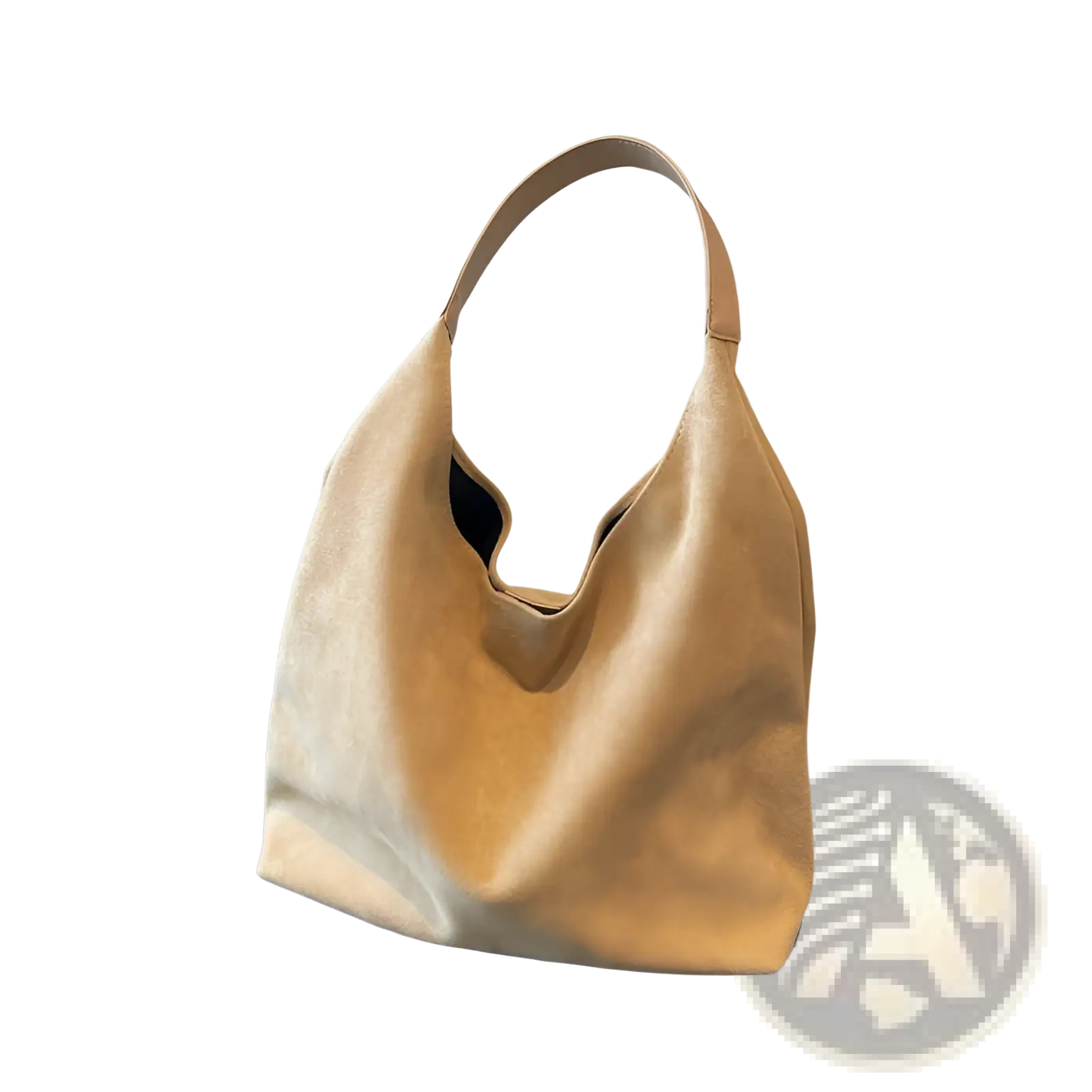 Beige suede hobo tote bag with a soft slouchy silhouette and matching leather handles for women with pouch