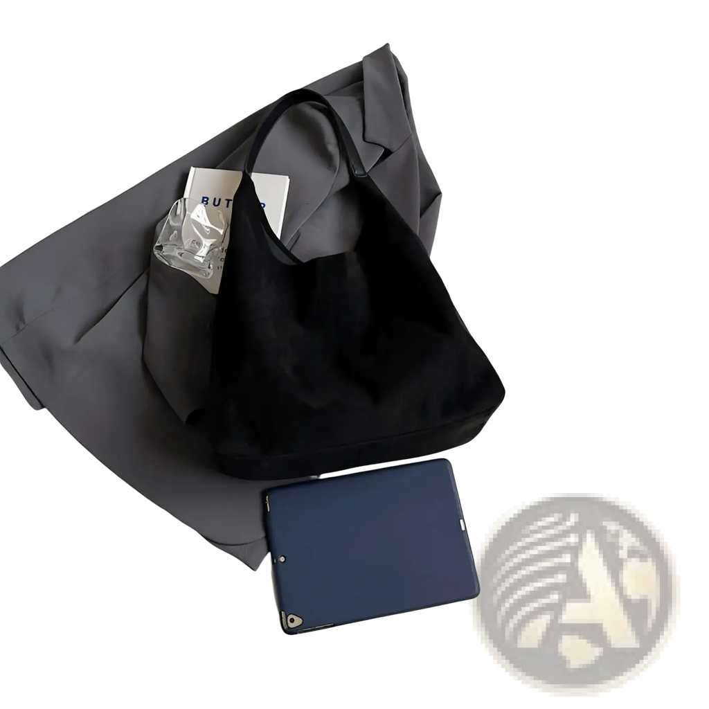 Black suede hobo tote bag with a single shoulder strap and matching pouch for women minimalist design