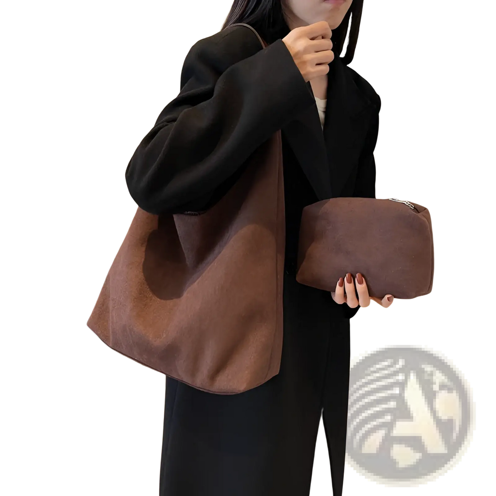 Brown suede hobo tote bag for women with matching small pouch held in hand showcasing soft suede-like material