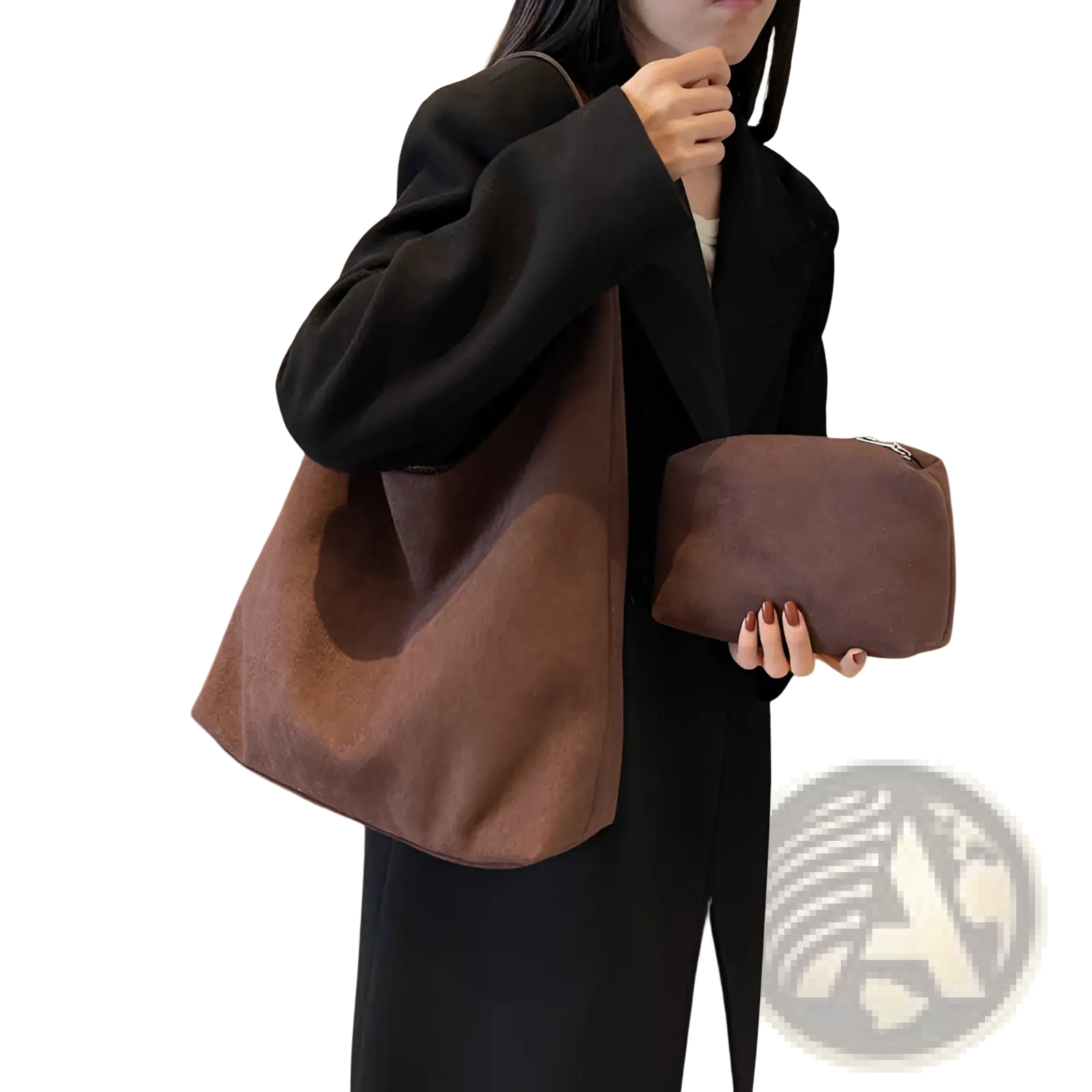 Brown suede hobo tote bag for women with matching small pouch held in hand showcasing soft suede-like material