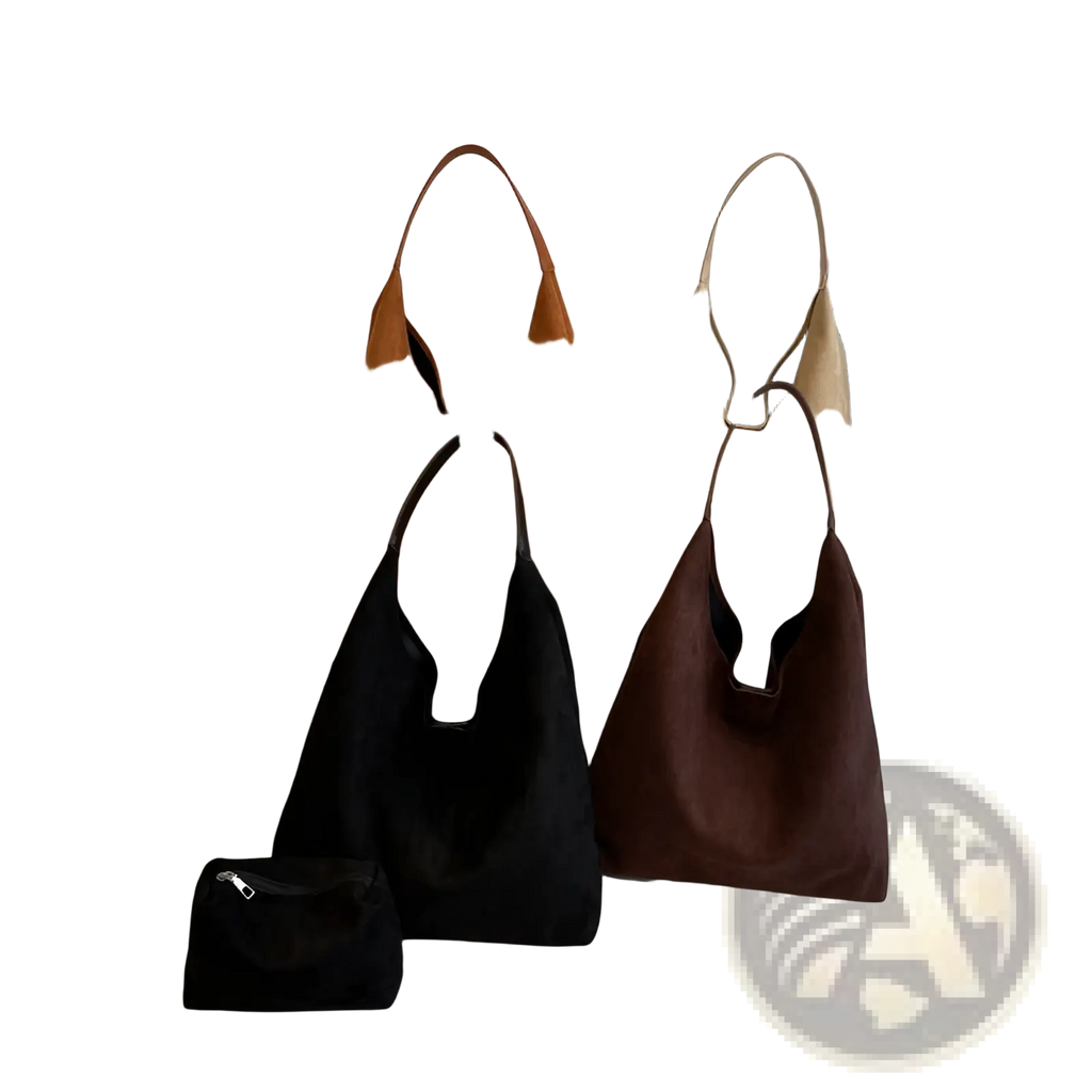 A collection of suede hobo tote bags with matching pouches in tan black and brown for women
