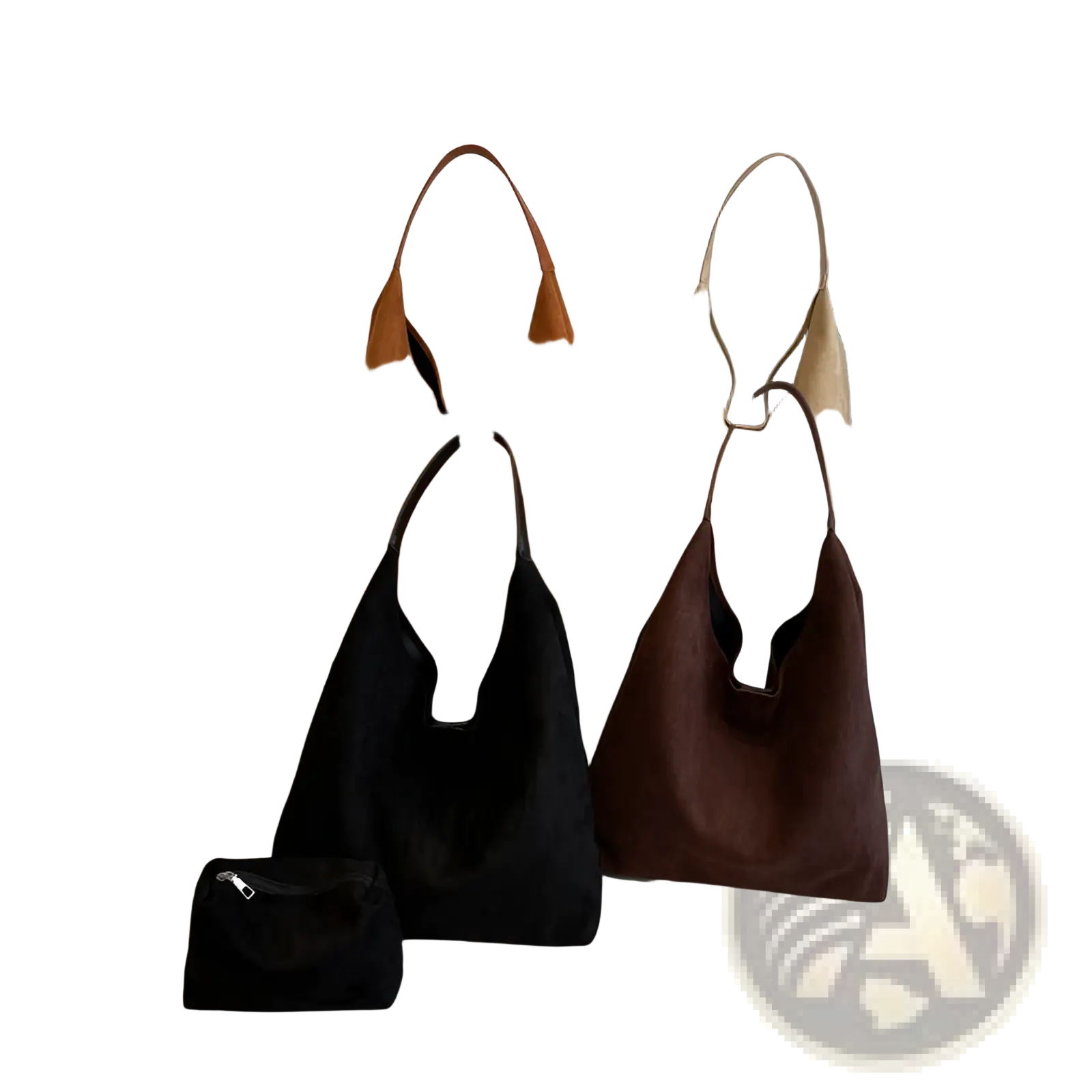 A collection of suede hobo tote bags with matching pouches in tan black and brown for women