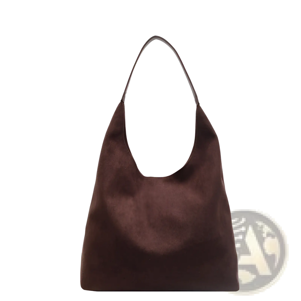 Suede hobo tote bag for women in sleek chocolate brown with a single curved top handle and matching pouch