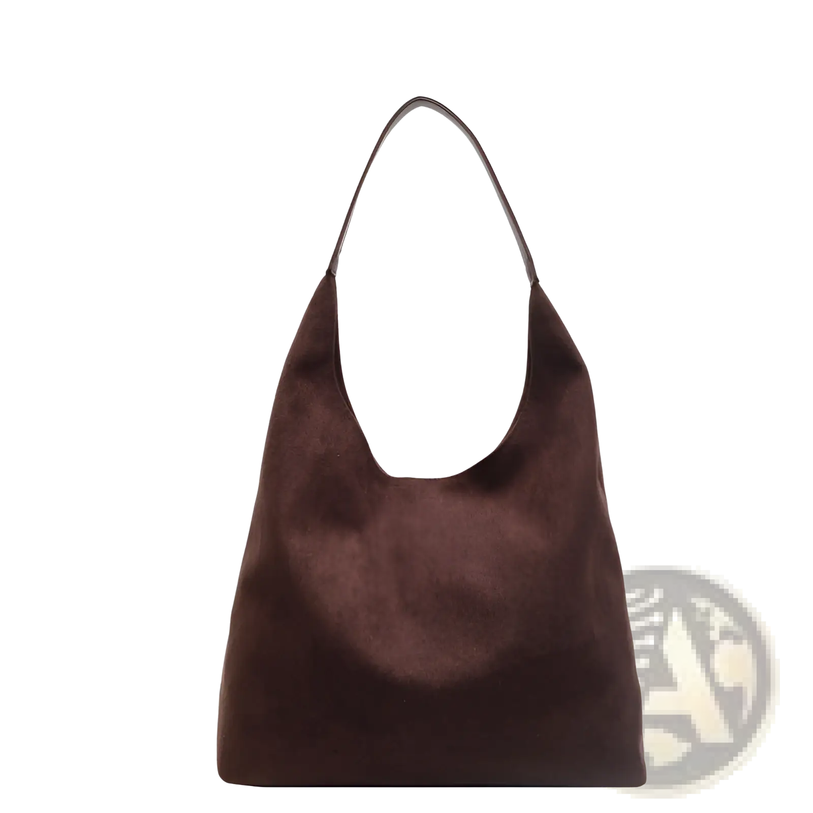 Suede hobo tote bag for women in sleek chocolate brown with a single curved top handle and matching pouch