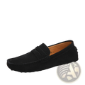Black suede loafer with classic moccasin design and tan leather lining for men’s casual wear