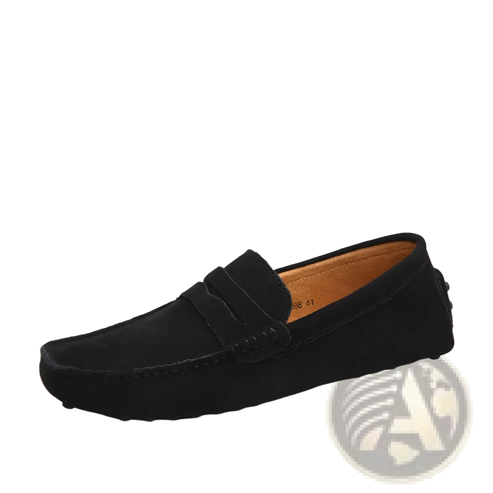 Black suede loafer with classic moccasin design and tan leather lining for men’s casual wear