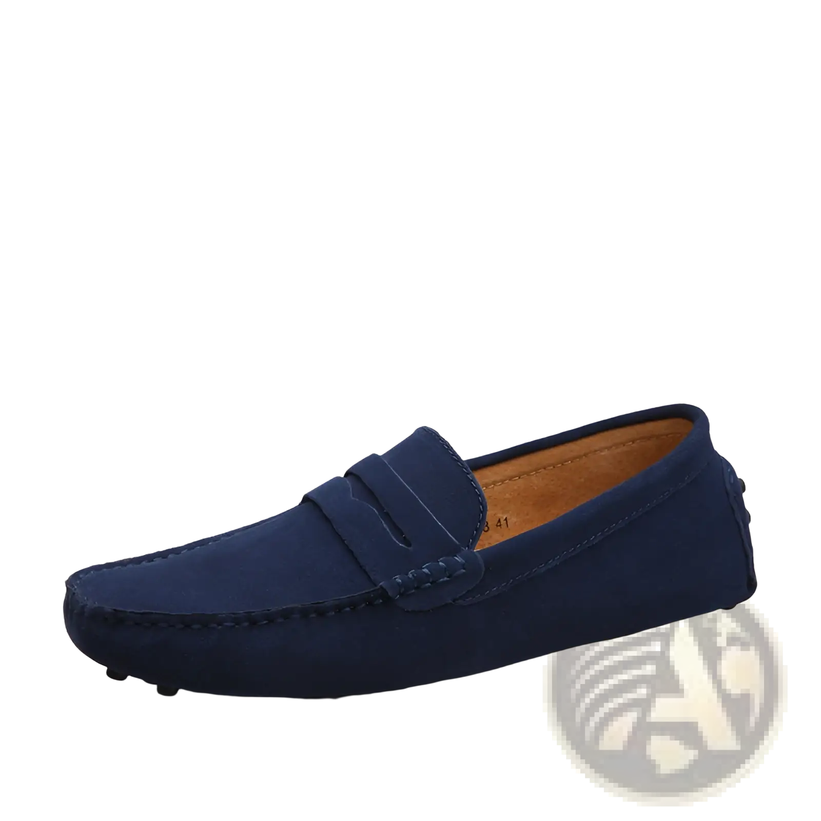 Navy blue suede leather loafers for men featuring a stitched strap across the toe for casual wear