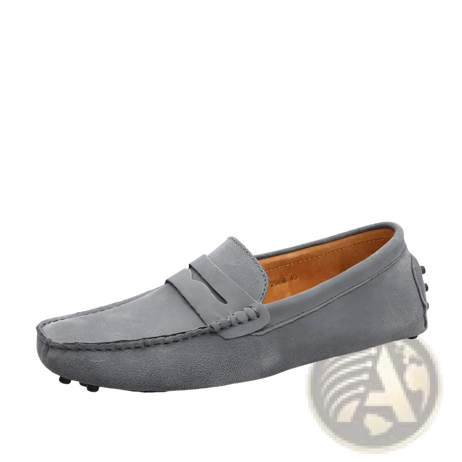 Gray suede loafers with classic moccasin design and tan leather lining for men’s casual wear