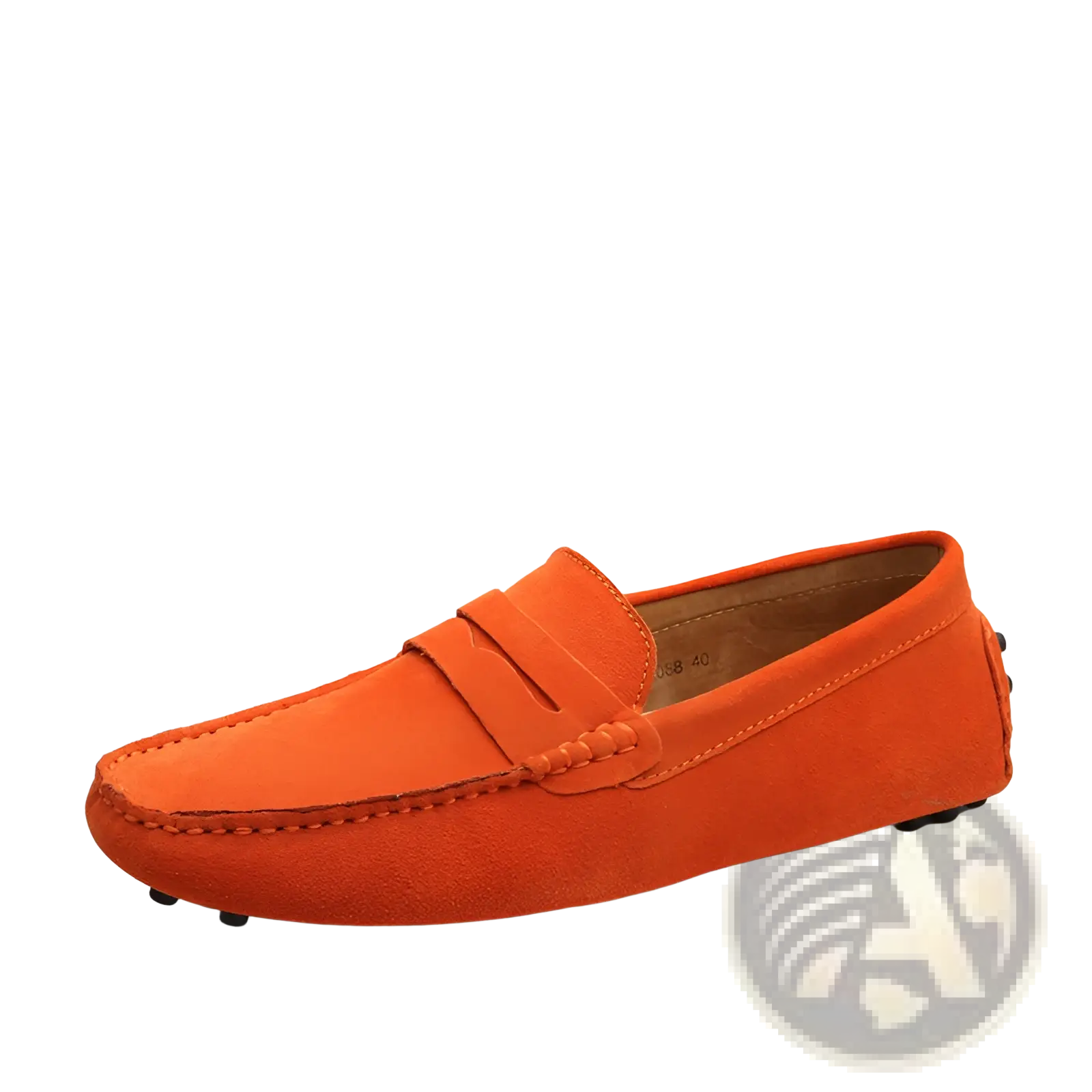 Bright orange suede leather loafers with classic moccasin design and stitched detailing for men’s casual wear
