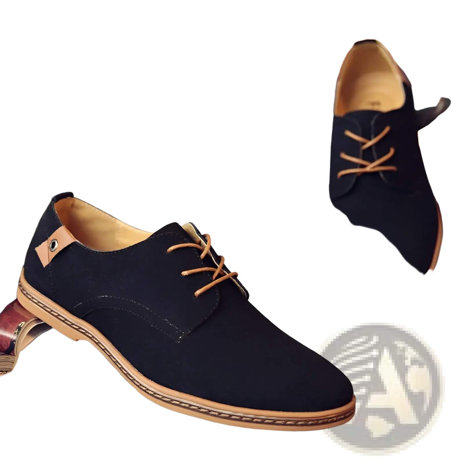 Black suede oxford shoes men’s lace up leather flats with tan laces and matching tan sole for classic style