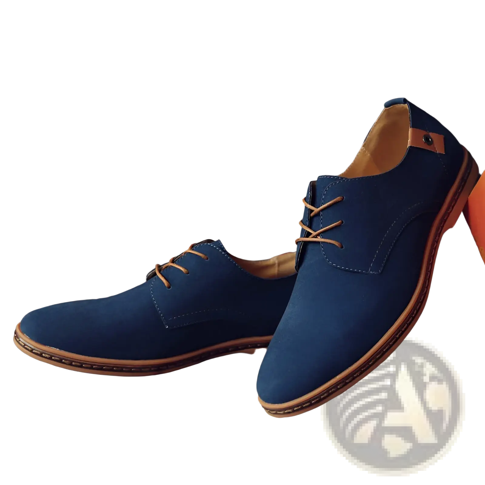 Navy blue suede oxford shoes men’s lace up leather flats with tan leather laces and brown soles displayed from front view