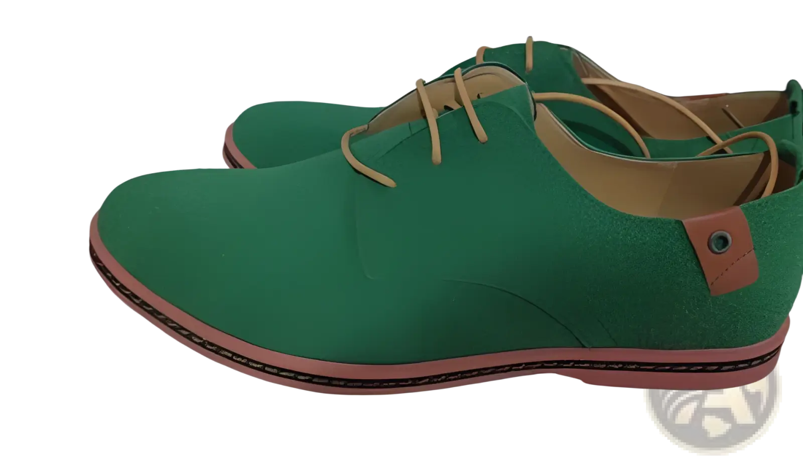 Green suede oxford shoes men’s lace up leather flats with tan laces and tan leather heel accent shown from back side