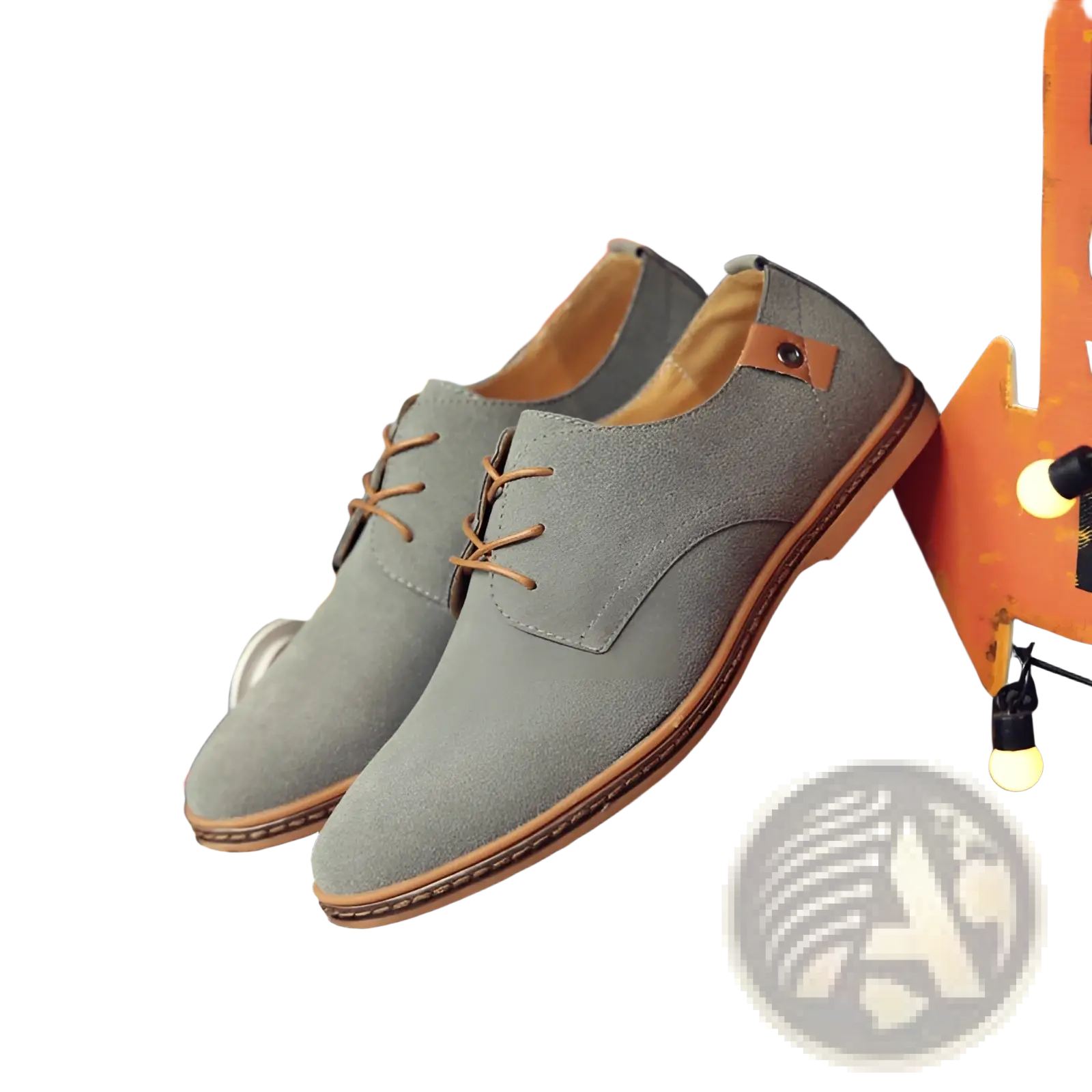 Suede oxford shoes mens lace up leather flats featuring gray suede and tan leather laces with a brown sole