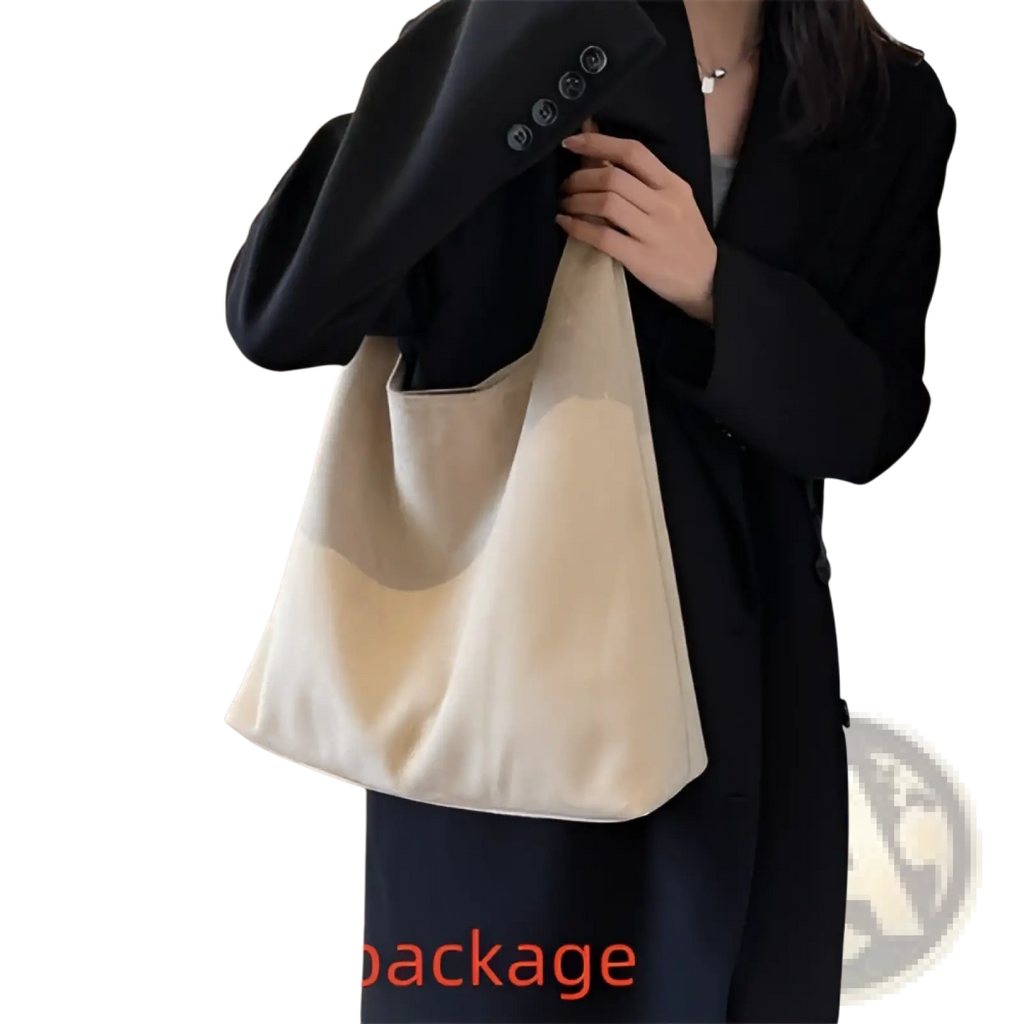 Cream-colored suede shoulder bag large capacity slouchy tote with minimalist canvas design and black button strap detailing