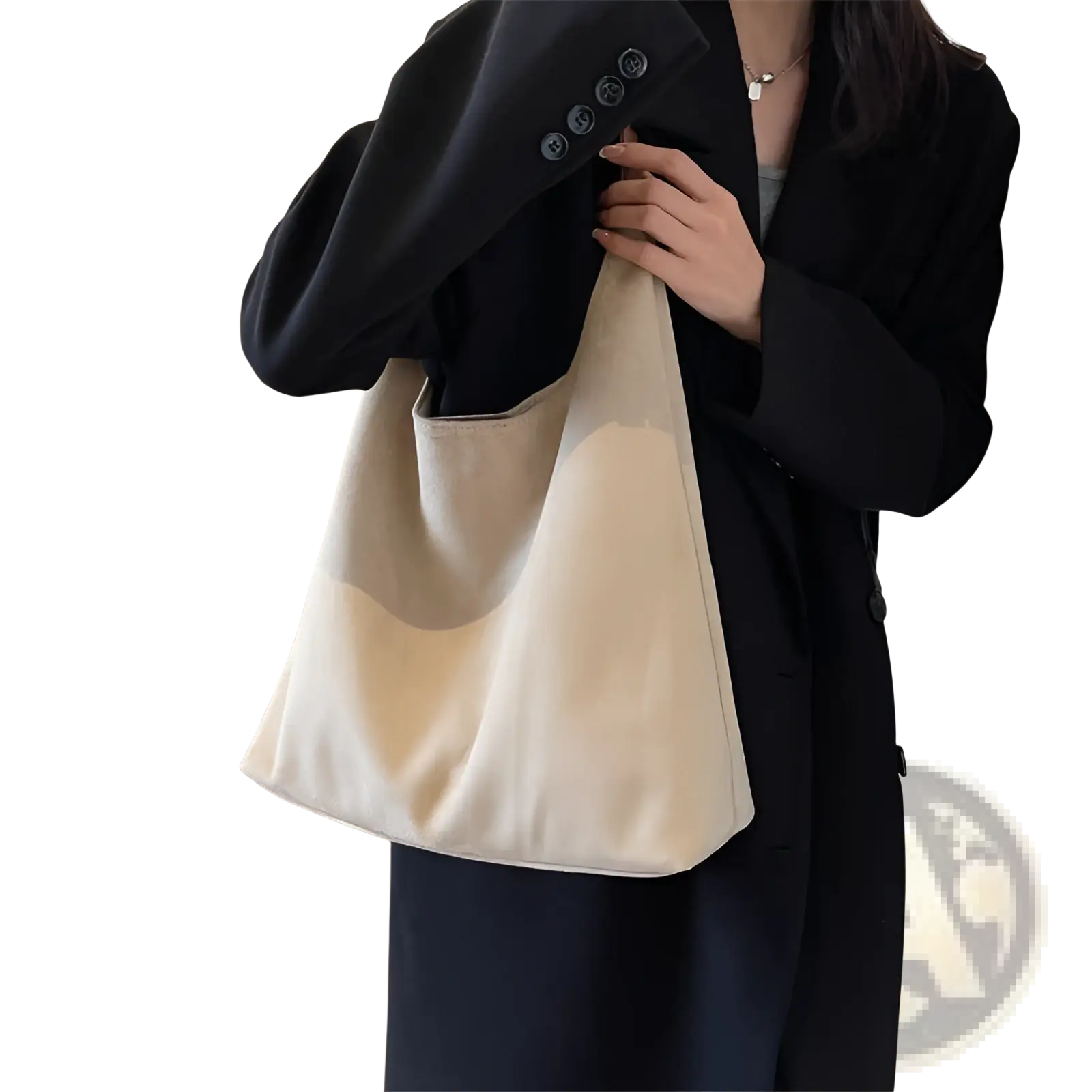 Beige suede large capacity slouchy tote bag with single shoulder strap and front pocket made of canvas material