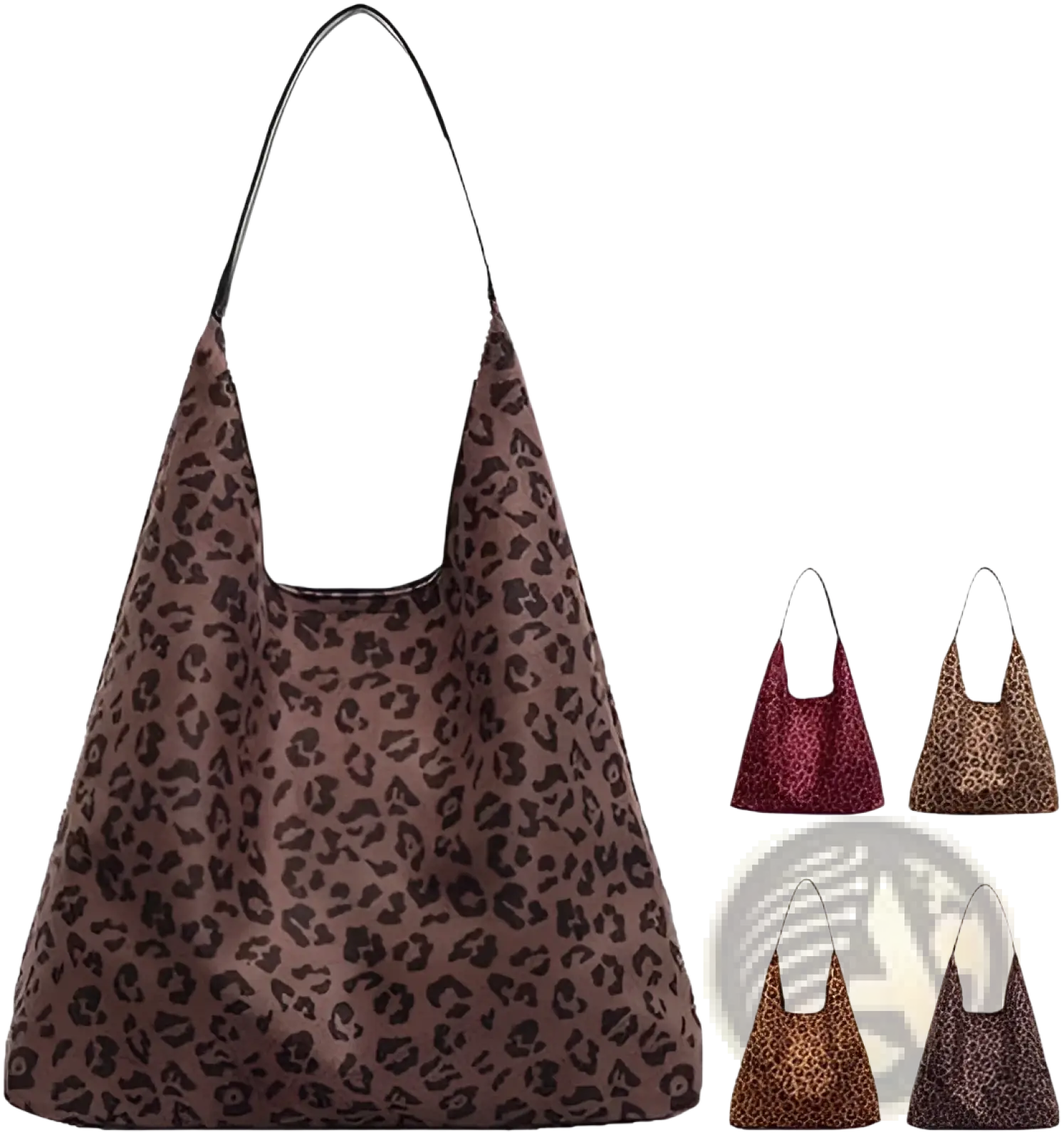 Brown leopard-print canvas suede shoulder bag with black straps large capacity slouchy tote bag