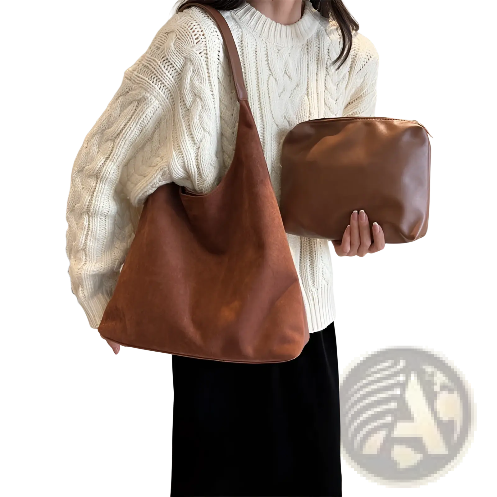 Brown suede shoulder bag with a single strap and soft slouchy silhouette large capacity tote bag