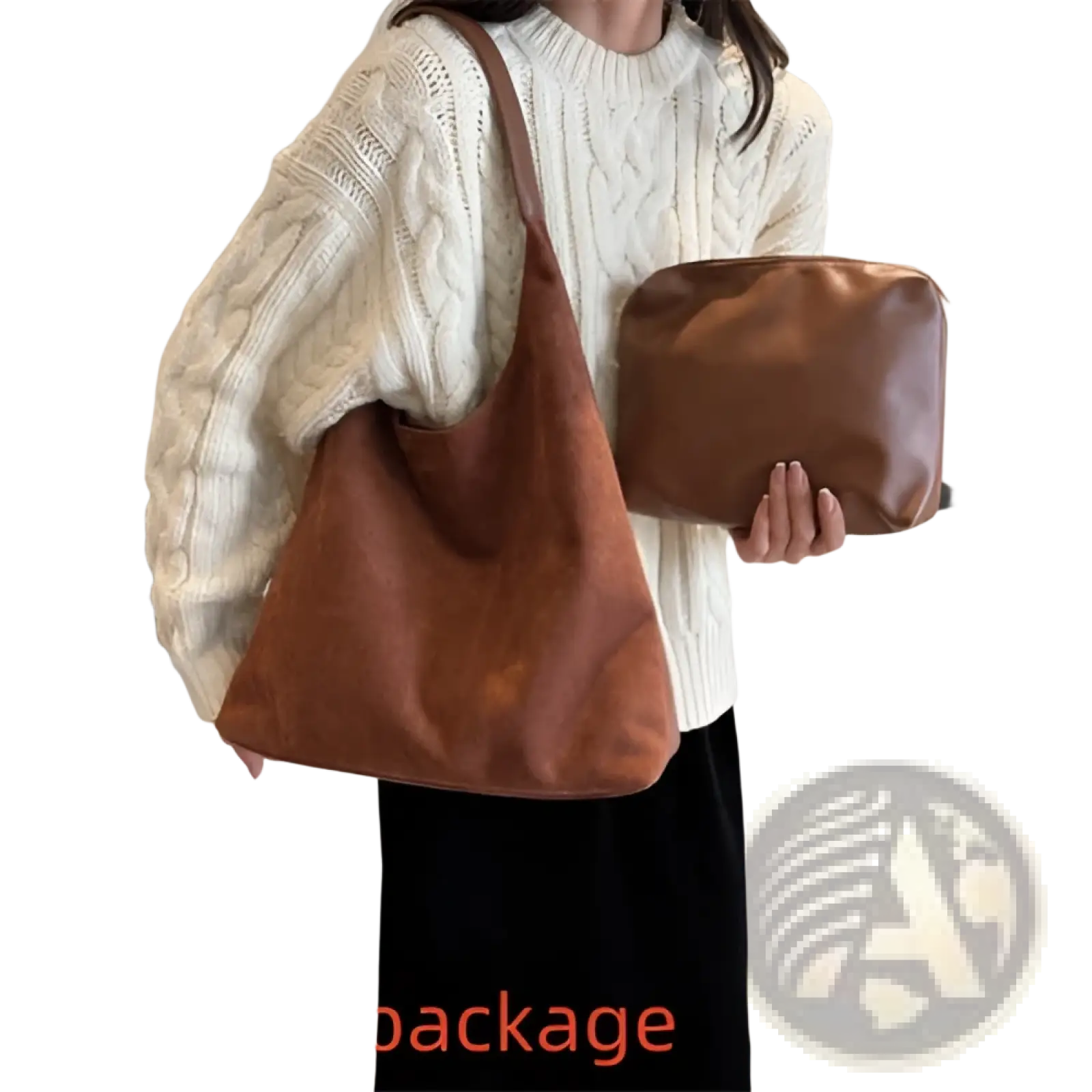 Brown leather suede shoulder bag with large capacity and soft slouchy design featuring a single shoulder strap