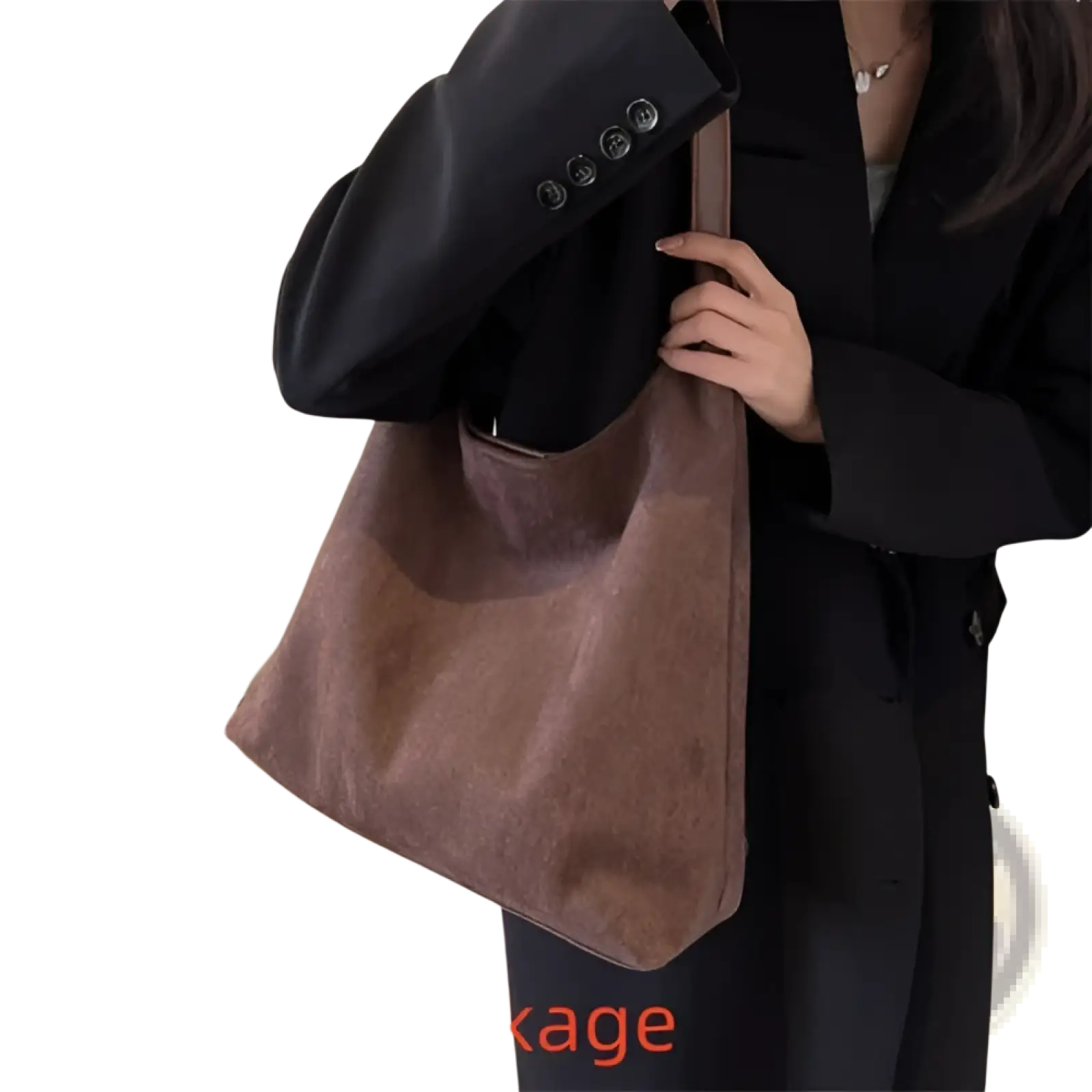 Brown suede shoulder bag with soft textured surface and minimalist design large capacity slouchy tote bag
