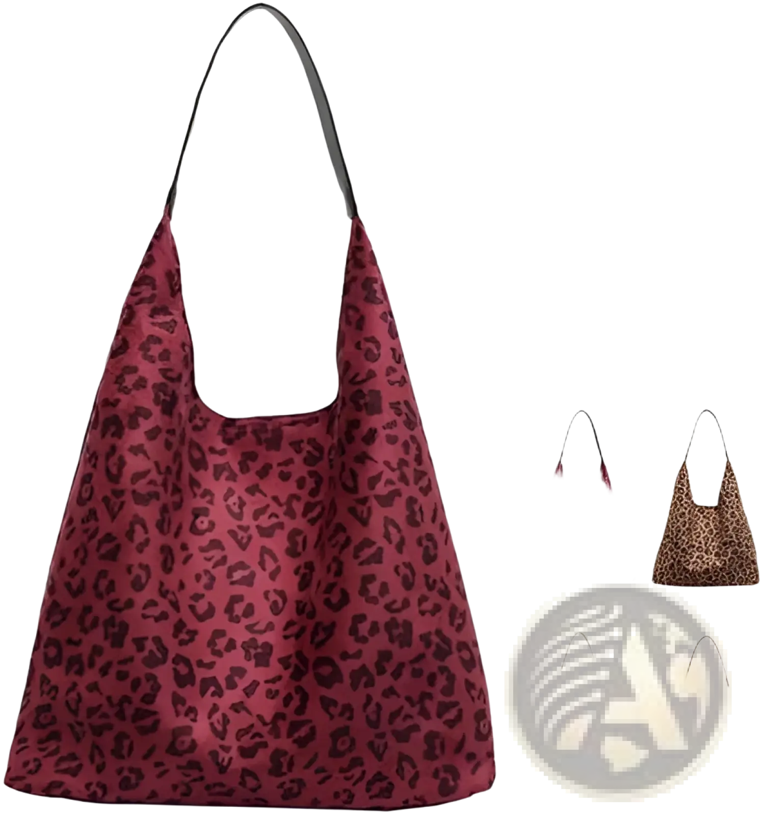 A maroon leopard-print suede shoulder bag with large capacity and black canvas strap slouchy tote bag