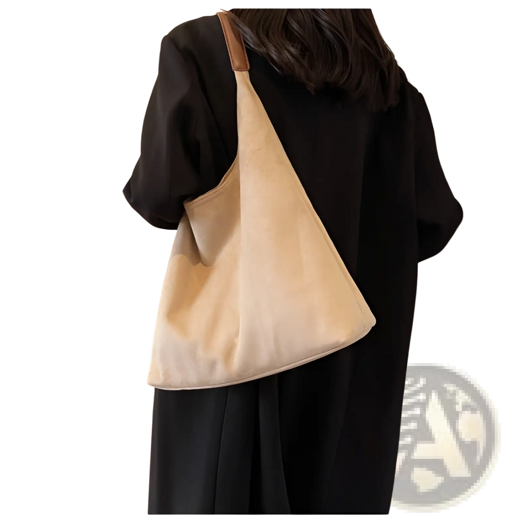 Beige canvas suede shoulder bag with tan leather strap large capacity slouchy tote bag for everyday use