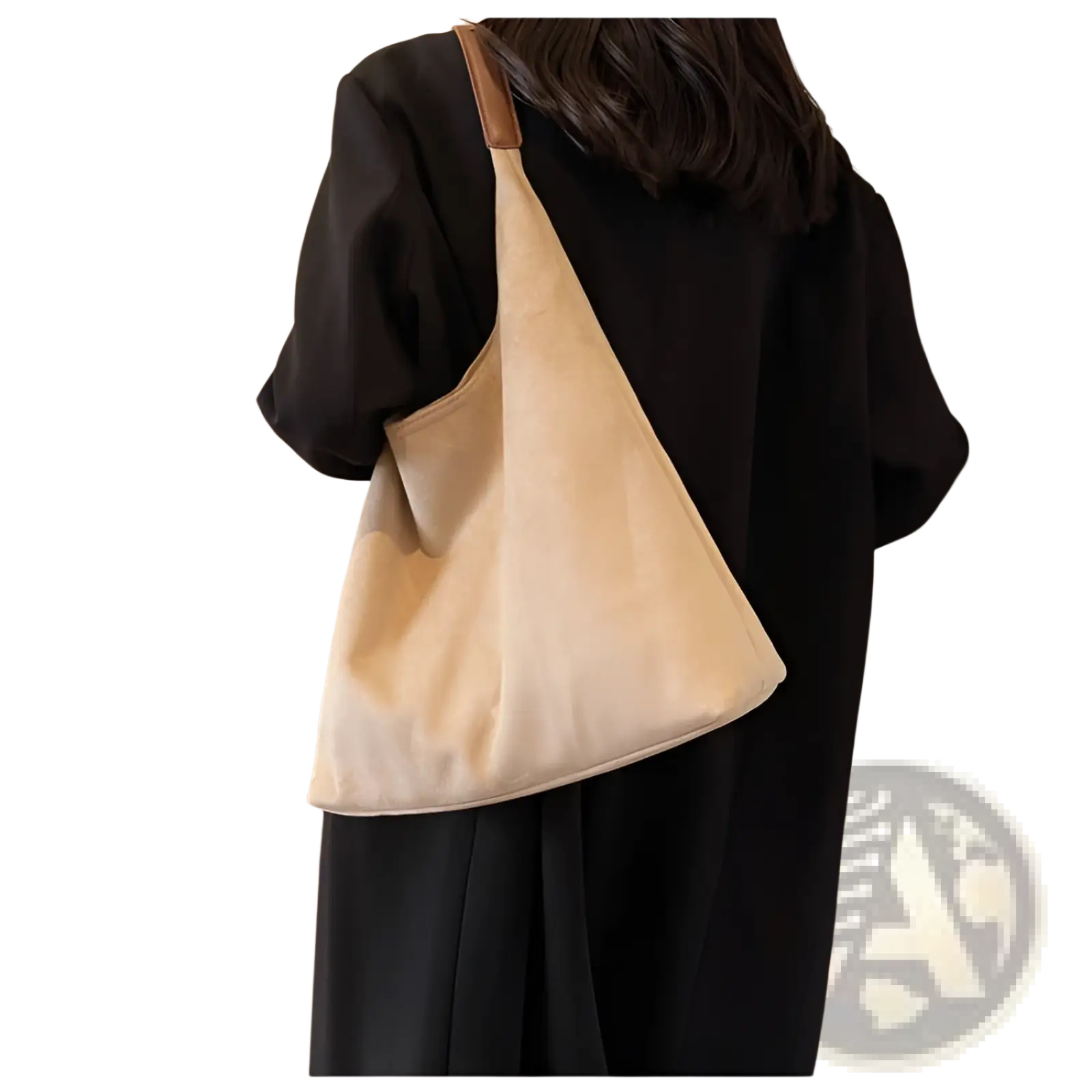 Beige canvas suede shoulder bag with tan leather strap large capacity slouchy tote bag for everyday use