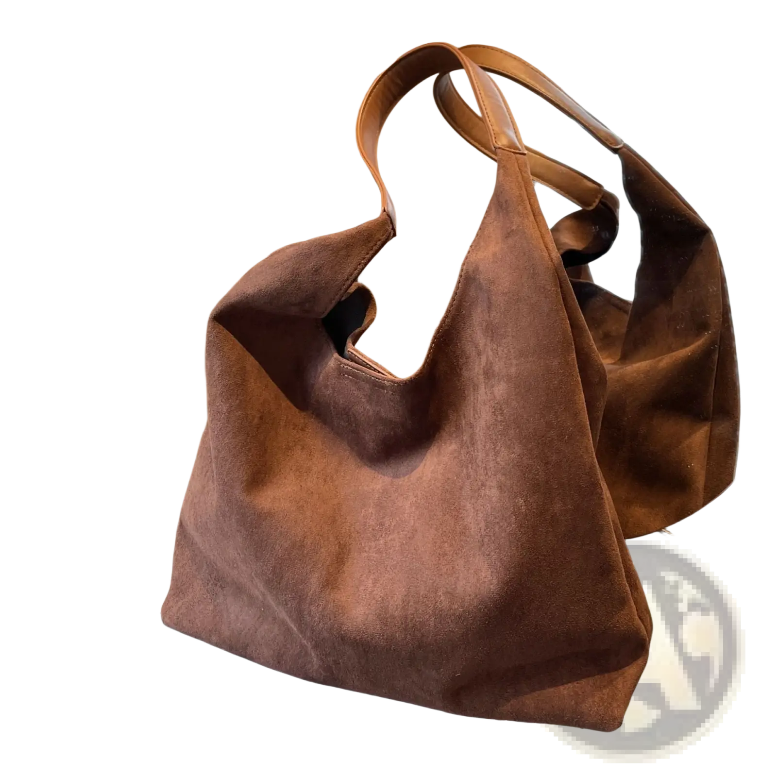 A brown suede shoulder bag large capacity slouchy tote bag with soft design and matching leather handles