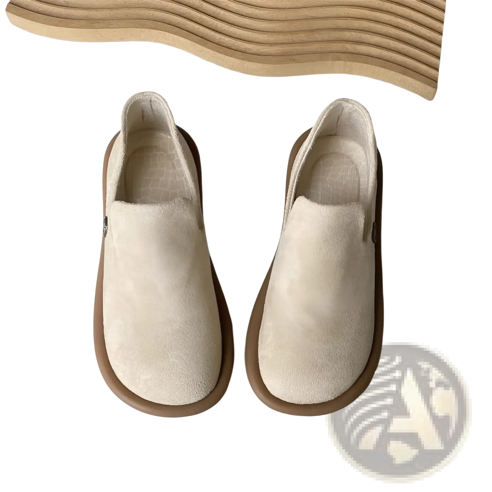 Cream-colored suede slip-on vintage British style low heel pumps with brown rubber sole for casual wear