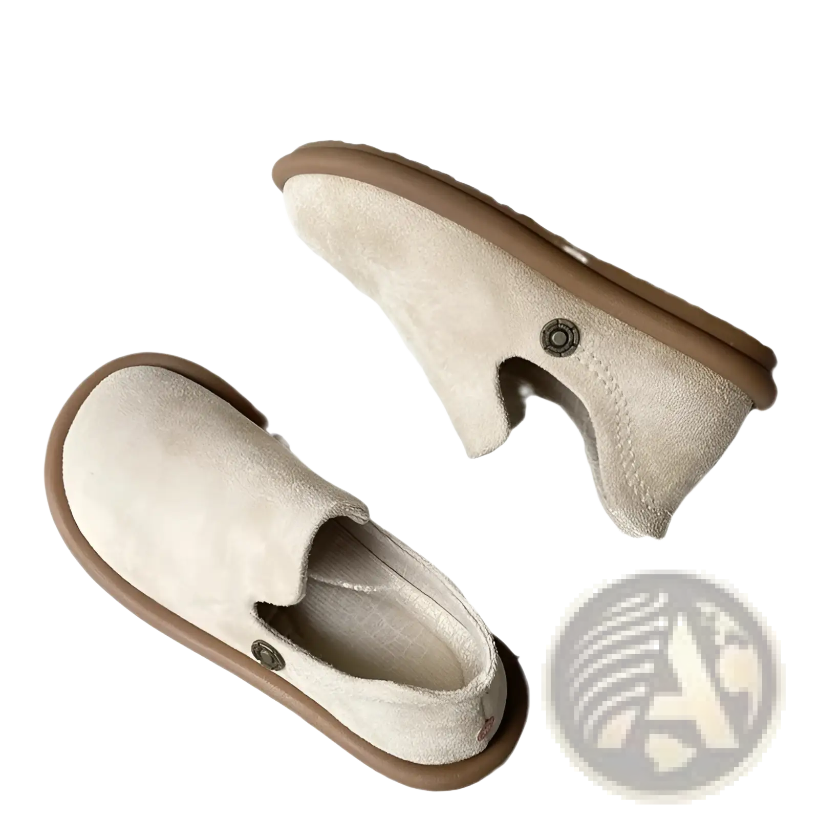 Beige suede slip on vintage british style low heel pumps with brown rubber soles and metallic button details